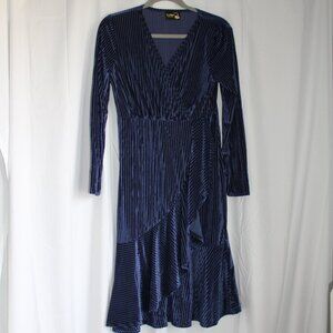 Kookkai Design by Sunida Blue Velvet Striped Midi Dress Flounce Bottom Long Slv